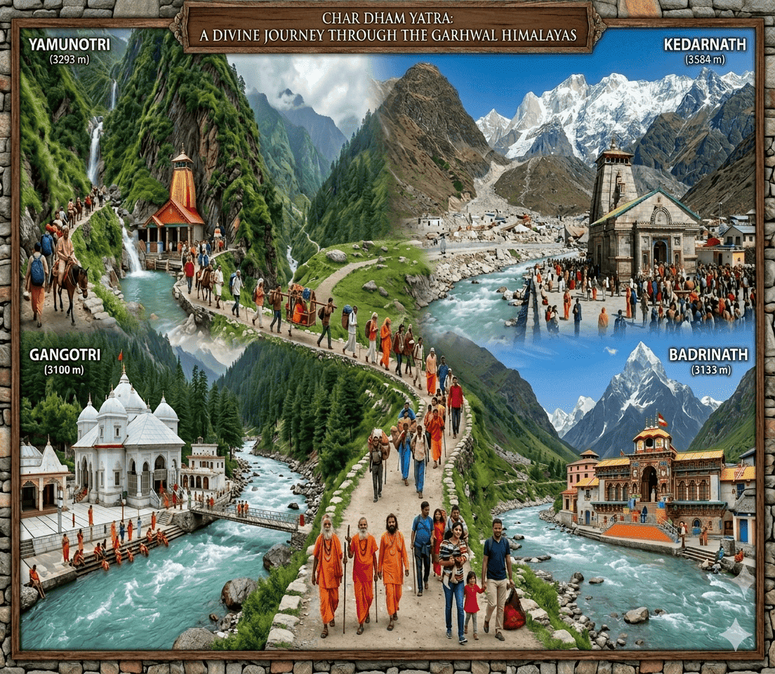 Char Dham Yatra tour covering Yamunotri, Gangotri, Kedarnath, and Badrinath shrines.